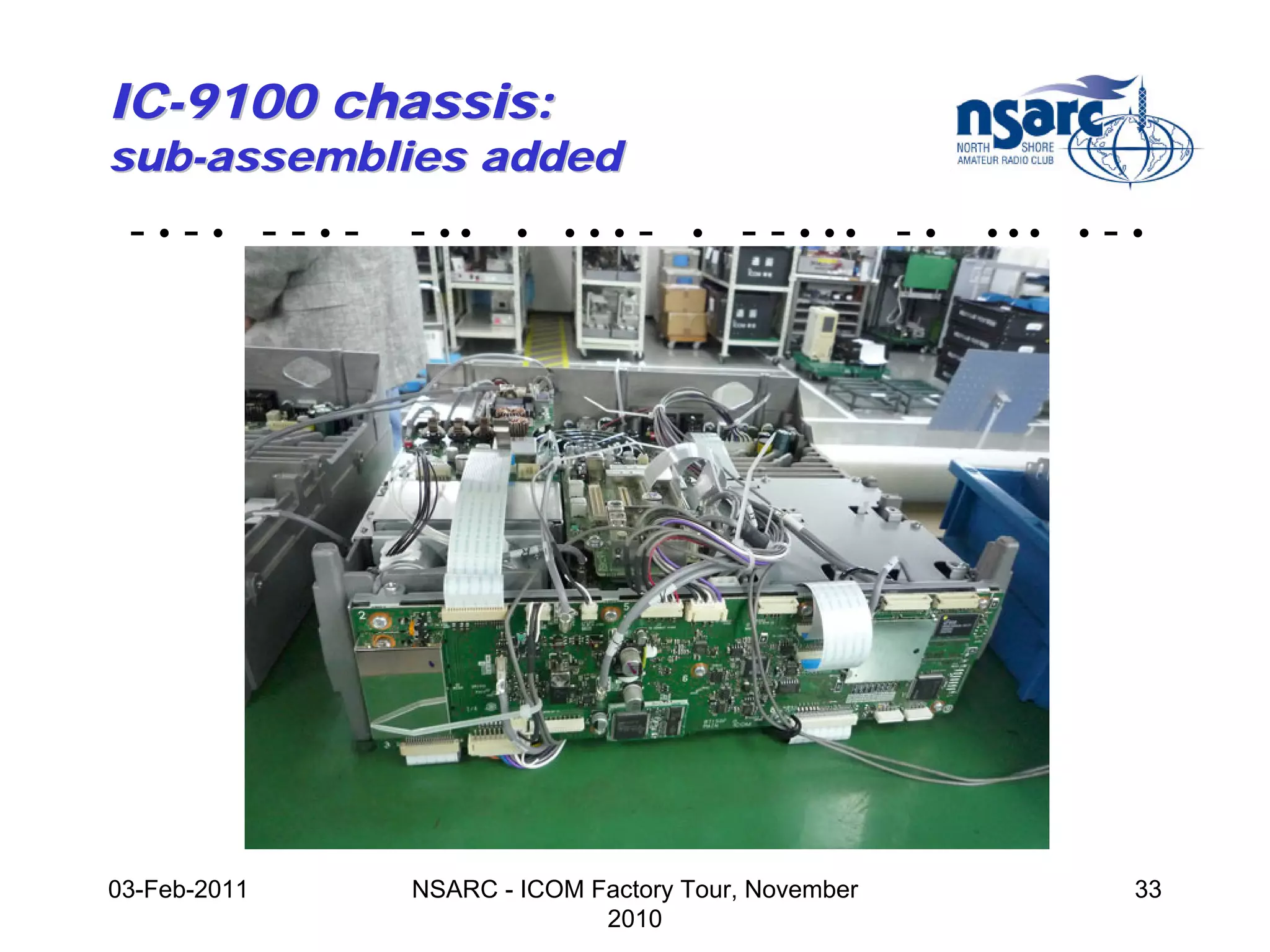IC-9100 chassis:
sub-assemblies added
 -•-• --•-    - ••    •   •••   -   •   - - • •• - •   •••   •   -•




03-Feb-2011   NSARC - ICOM Factory Tour, November                 33
                            2010
 