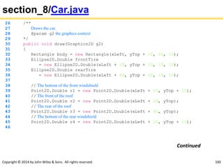 Copyright © 2014 by John Wiley & Sons. All rights reserved. 100
section_8/Car.java
26 /**
27 Draws the car.
28 @param g2 the graphics context
29 */
30 public void draw(Graphics2D g2)
31 {
32 Rectangle body = new Rectangle(xLeft, yTop + 10, 60, 10);
33 Ellipse2D.Double frontTire
34 = new Ellipse2D.Double(xLeft + 10, yTop + 20, 10, 10);
35 Ellipse2D.Double rearTire
36 = new Ellipse2D.Double(xLeft + 40, yTop + 20, 10, 10);
37
38 // The bottom of the front windshield
39 Point2D.Double r1 = new Point2D.Double(xLeft + 10, yTop + 10);
40 // The front of the roof
41 Point2D.Double r2 = new Point2D.Double(xLeft + 20, yTop);
42 // The rear of the roof
43 Point2D.Double r3 = new Point2D.Double(xLeft + 40, yTop);
44 // The bottom of the rear windshield
45 Point2D.Double r4 = new Point2D.Double(xLeft + 50, yTop + 10);
46
Continued
 