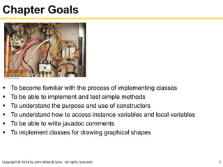 Copyright © 2014 by John Wiley & Sons. All rights reserved. 2
Chapter Goals
 To become familiar with the process of implementing classes
 To be able to implement and test simple methods
 To understand the purpose and use of constructors
 To understand how to access instance variables and local variables
 To be able to write javadoc comments
 To implement classes for drawing graphical shapes
 