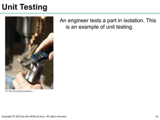 Copyright © 2014 by John Wiley & Sons. All rights reserved. 61
Unit Testing
An engineer tests a part in isolation. This
is an example of unit testing.
 