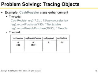 Copyright © 2014 by John Wiley & Sons. All rights reserved. 72
Problem Solving: Tracing Objects
 Example: CashRegister class enhancement
• The code:
CashRegister reg3(7.5); // 7.5 percent sales tax
reg3.recordPurchase(3.95); // Not taxable
reg3.recordTaxablePurchase(19.95); // Taxable
• The card:
 