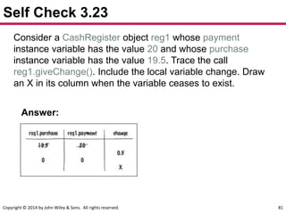 Copyright © 2014 by John Wiley & Sons. All rights reserved. 81
Self Check 3.23
Consider a CashRegister object reg1 whose payment
instance variable has the value 20 and whose purchase
instance variable has the value 19.5. Trace the call
reg1.giveChange(). Include the local variable change. Draw
an X in its column when the variable ceases to exist.
Answer:
 