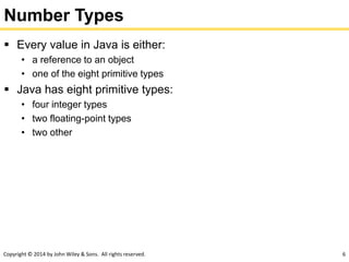 Copyright © 2014 by John Wiley & Sons. All rights reserved. 6
Number Types
 Every value in Java is either:
• a reference to an object
• one of the eight primitive types
 Java has eight primitive types:
• four integer types
• two floating-point types
• two other
 