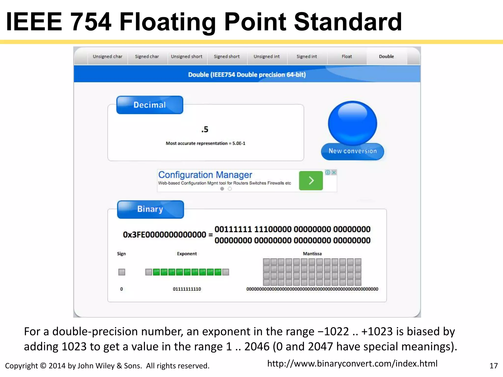 Copyright © 2014 by John Wiley & Sons. All rights reserved. 17
IEEE 754 Floating Point Standard
For a double-precision number, an exponent in the range −1022 .. +1023 is biased by
adding 1023 to get a value in the range 1 .. 2046 (0 and 2047 have special meanings).
http://www.binaryconvert.com/index.html
 
