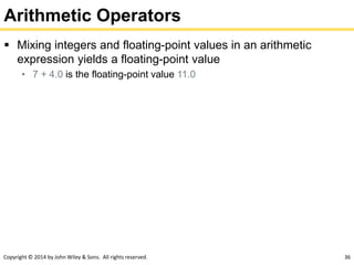 Copyright © 2014 by John Wiley & Sons. All rights reserved. 36
Arithmetic Operators
 Mixing integers and floating-point values in an arithmetic
expression yields a floating-point value
• 7 + 4.0 is the floating-point value 11.0
 