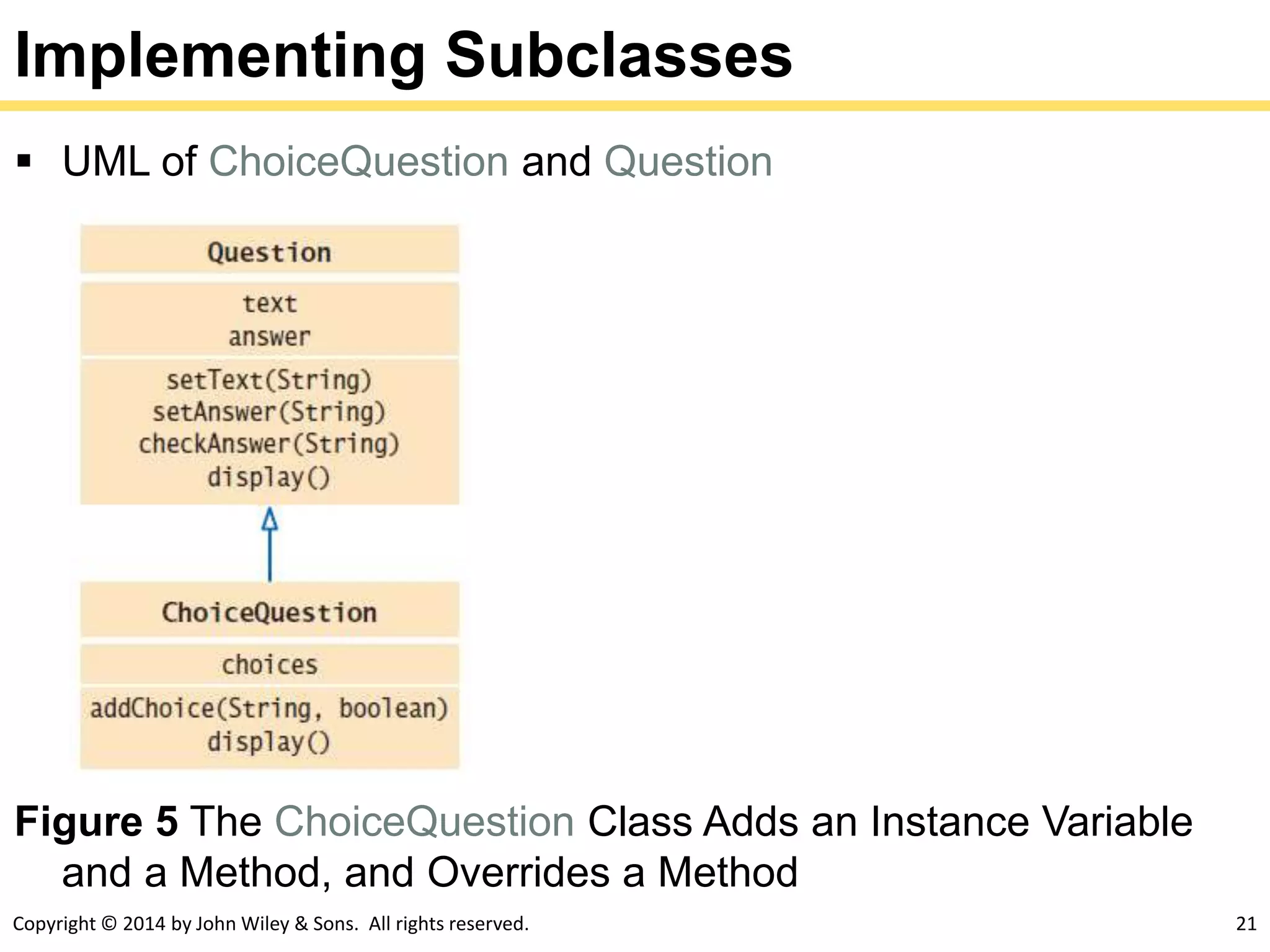 Copyright © 2014 by John Wiley & Sons. All rights reserved. 21
Implementing Subclasses
 UML of ChoiceQuestion and Question
Figure 5 The ChoiceQuestion Class Adds an Instance Variable
and a Method, and Overrides a Method
 