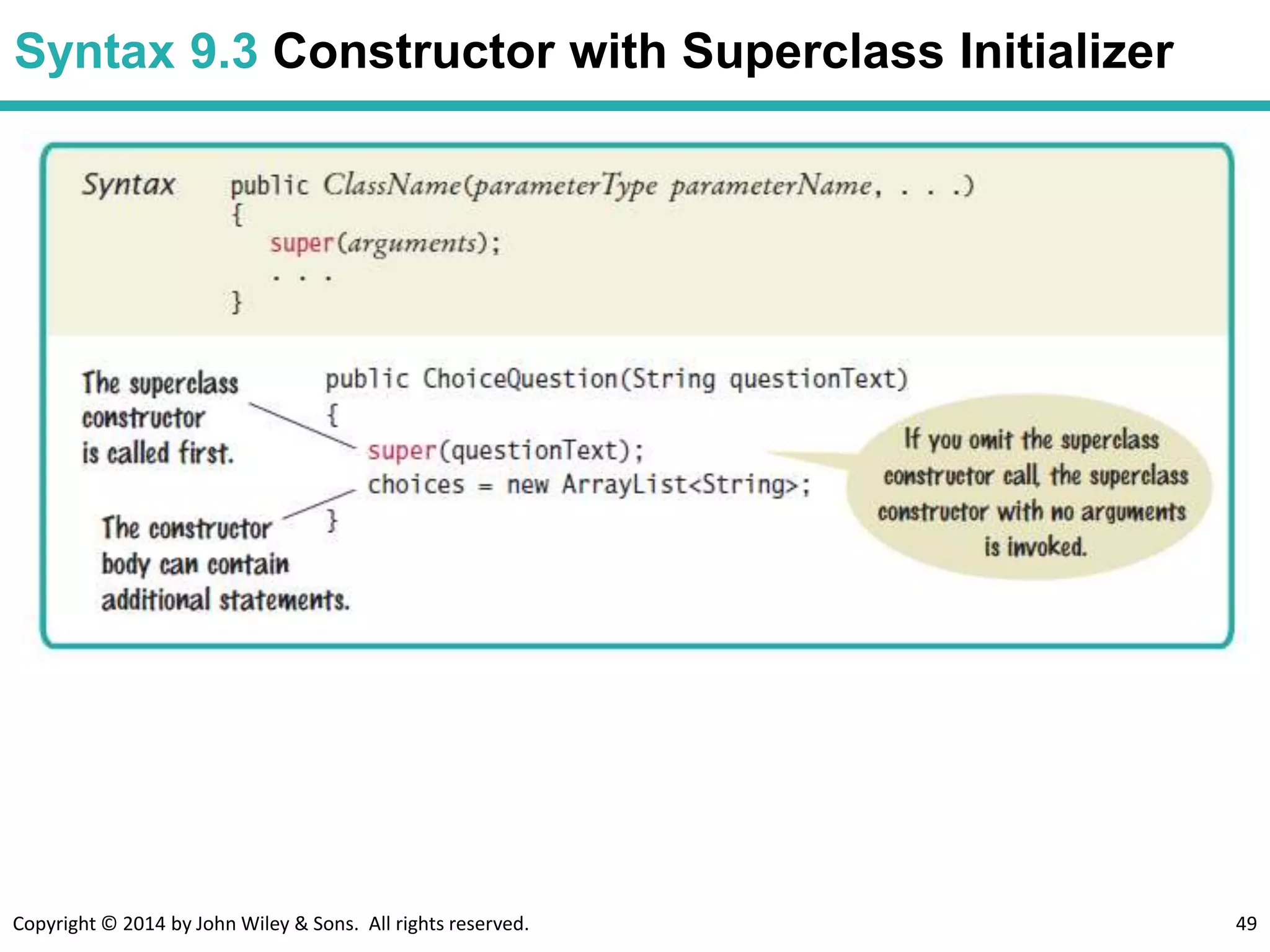 Copyright © 2014 by John Wiley & Sons. All rights reserved. 49
Syntax 9.3 Constructor with Superclass Initializer
 