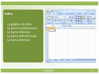 I comandi 2
Indice
La griglia e la cella
La barra multifunzione
La barra inferiore
La barra della formula
La barra inferiore
 