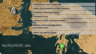 1) ОПРЕДЕЛИТЬСЯ С ПУНКТОМ НАЗНАЧЕНИЯ
B
4) ОТПРАВИТЬСЯ В ПУТЬ
5) СВЕРЯТЬСЯ С КУРСОМ, КОРРЕКТИРУЯ МАРШРУТ
6) ПРИБЫТЬ В ПУНКТ НАЗНАЧЕНИЯ ВОВРЕМЯ  
И НЕ РАСТЕРЯВ БАГАЖА
A
3) ПРОЛОЖИТЬ ОПТИМАЛЬНЫЙ МАРШРУТ
7) ПОНЯТЬ КУДА ДВИГАТЬСЯ ДАЛЬШЕ
2) ПОНЯТЬ ГДЕ ВЫ (И КОНКУРЕНТЫ) СЕЙЧАС НАХОДИТЕСЬ
Ahttp://bit.ly/VOLKOV_tasks
 