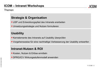 ICOM – Intranet Workshops Strategie & Organisation USP und Entwicklungspfad des Intranets erarbeiten Umsetzungsstrategie und Nutzen formulieren Usability Kernelemente des Intranets auf Usability überprüfen Vorgehensweise für eine nachhaltige Verbesserung der Usability entwerfen Intranet-Nutzen & ROI Kosten, Nutzen & Erlöse ermitteln DPRG/ICV Wirkungsstufenmodell anwenden Themen 