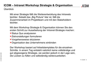 ICOM – Intranet Workshop Strategie & Organisation Überblick Mit einer Strategie fällt die Weiterentwicklung des Intranets leichter. Sobald das „Big Picture“ klar ist, fällt die Zusammenarbeit im Projektteam und mit den Stakeholdern leichter.  Mit dem Workshop Strategie & Organisation können Sie den ersten Schritt zur Ausarbeitung der Intranet-Strategie machen: Status Quo analysieren Zielvorstellungen formulieren Vorgehensweise skizzieren Organisation des Unternehmens einbinden Der Workshop basiert auf Arbeitstemplates für die einzelnen Schritte. In einem Tag entsteht natürlich keine vollständige und gut abgewogene Strategie, sie werden jedoch in der Lage sein, die Lücken zu füllen und selbständig weiterzuarbeiten. 