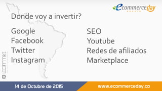Google	
Facebook	
Twitter	
Instagram	
	
Donde	voy	a	invertir?	
SEO	
Youtube	
Redes	de	aﬁliados	
Marketplace	
 