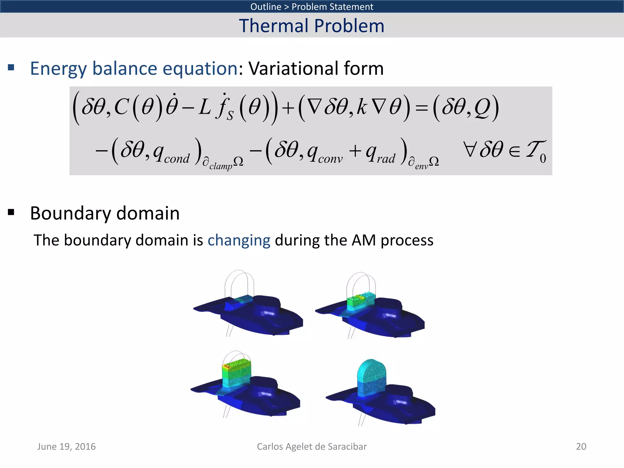  Energy balance equation: Variational form
 Boundary domain
The boundary domain is changing during the AM process
June 19, 2016 Carlos Agelet de Saracibar 20
Outline > Problem Statement
Thermal Problem
( ) ( )( ) ( ) ( )
( ) ( ) 0
, , ,
, ,
clamp env
S
cond conv rad
C L f k Q
q q q
δθ θ θ θ δθ θ δθ
δθ δθ δθ∂ Ω ∂ Ω
− + ∇ ∇ =
− − + ∀ ∈


 