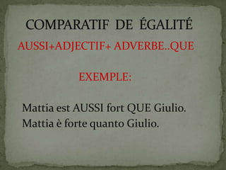 AUSSI+ADJECTIF+ ADVERBE..QUE
EXEMPLE:
Mattia est AUSSI fort QUE Giulio.
Mattia è forte quanto Giulio.
 