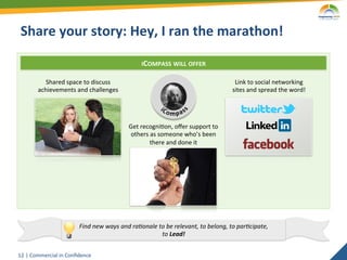 Share	
  your	
  story:	
  Hey,	
  I	
  ran	
  the	
  marathon!	
  

                                                                       ICOMPASS	
  WILL	
  OFFER	
  

               Shared	
  space	
  to	
  discuss	
                                                                          Link	
  to	
  social	
  networking	
  
            achievements	
  and	
  challenges	
                                                                           sites	
  and	
  spread	
  the	
  word!	
  	
  




                                                                Get	
  recogni2on,	
  oﬀer	
  support	
  to	
  
                                                                others	
  as	
  someone	
  who’s	
  been	
  
                                                                          there	
  and	
  done	
  it	
  




                                    Find	
  new	
  ways	
  and	
  ra@onale	
  to	
  be	
  relevant,	
  to	
  belong,	
  to	
  par@cipate,	
  	
  
                                                                               to	
  Lead!	
  


12	
   |	
  Commercial	
  in	
  Conﬁdence	
  
 