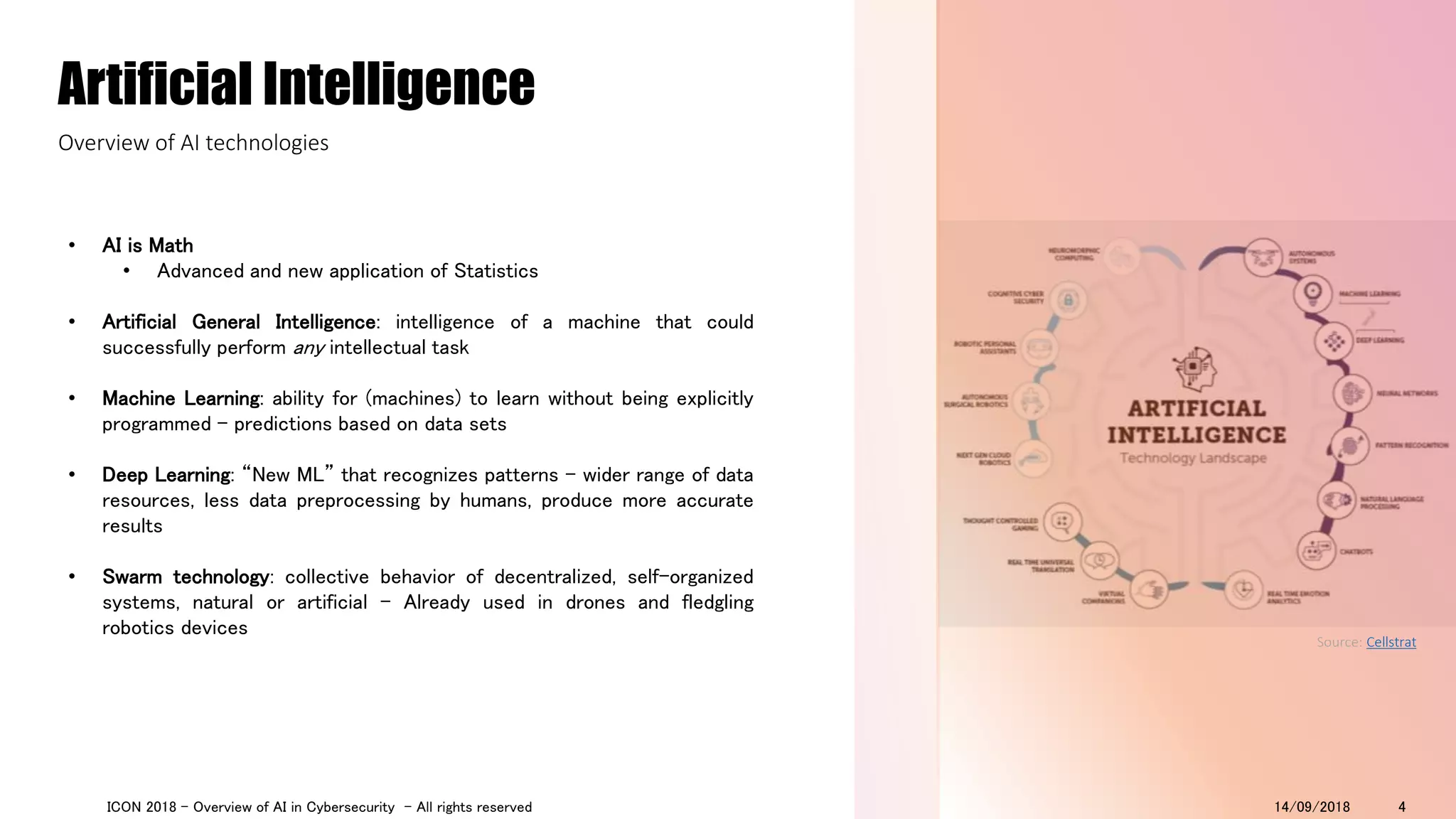 • AI is Math
• Advanced and new application of Statistics
• Artificial General Intelligence: intelligence of a machine that could
successfully perform any intellectual task
• Machine Learning: ability for (machines) to learn without being explicitly
programmed – predictions based on data sets
• Deep Learning: “New ML” that recognizes patterns - wider range of data
resources, less data preprocessing by humans, produce more accurate
results
• Swarm technology: collective behavior of decentralized, self-organized
systems, natural or artificial - Already used in drones and fledgling
robotics devices
Artificial Intelligence
Overview of AI technologies
Source: Cellstrat
14/09/2018ICON 2018 - Overview of AI in Cybersecurity - All rights reserved 4
 
