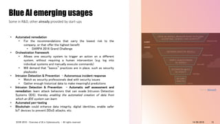• Automated remediation
• For the recommendations that carry the lowest risk to the
company, or that offer the highest benefit
• DARPA 2016 Grand Challenge
• Orchestration framework
• Allows one security system to trigger an action on a different
system, without requiring a human intervention (e.g. log into
individual systems and manually execute commands)
• Will demand that “basics” practices are in place, such as security
playbooks
• Intrusion Detection & Prevention - Autonomous incident response
• Watch as security professionals deal with security issues
• Gather enough historical data to make meaningful predictions
• Intrusion Detection & Prevention - Automatic self assessment and
remediation: learn attack behaviors that can evade Intrusion Detection
Systems (IDS), thereby enabling the automated creation of data from
which an IDS system can learn
• Automated pen-testing
• Blockchain could enhance data integrity, digital identities, enable safer
IoT devices to prevent DDoS attacks, etc.
Blue AI emerging usages
Some in R&D, other already provided by start-ups
14/09/2018ICON 2018 - Overview of AI in Cybersecurity - All rights reserved 13
Source: Microsoft
 