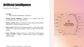 • AI is Math
• Advanced and new application of Statistics
• Artificial General Intelligence: intelligence of a machine that could
successfully perform any intellectual task
• Machine Learning: ability for (machines) to learn without being explicitly
programmed – predictions based on data sets
• Deep Learning: “New ML” that recognizes patterns - wider range of data
resources, less data preprocessing by humans, produce more accurate
results
• Swarm technology: collective behavior of decentralized, self-organized
systems, natural or artificial - Already used in drones and fledgling
robotics devices
Artificial Intelligence
Overview of AI technologies
Source: Cellstrat
14/09/2018ICON 2018 - Overview of AI in Cybersecurity - All rights reserved 4
 