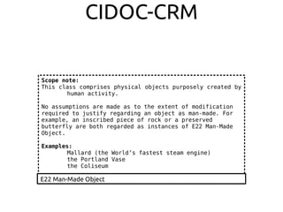 CIDOC-CRM
E22 Man-Made Object
Scope note:
This class comprises physical objects purposely created by
human activity.
No assumptions are made as to the extent of modification
required to justify regarding an object as man-made. For
example, an inscribed piece of rock or a preserved
butterfly are both regarded as instances of E22 Man-Made
Object.
Examples:
Mallard (the World’s fastest steam engine)
the Portland Vase
the Coliseum
 