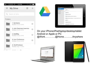 On your iPhone/iPad/laptop/desktop/tablet
Android or Apple or PC
@Work………….@Home………..Anywhere

 