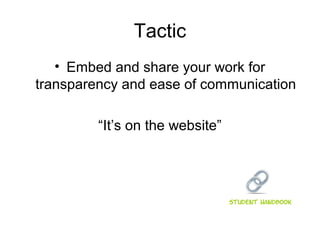 Tactic
• Embed and share your work for
transparency and ease of communication
“It’s on the website”

Student Handbook

 