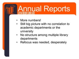 • More numbers!
• Still big picture with no correlation to
academic departments or the
university
• No structure among multiple library
departments
• Refocus was needed, desperately
Annual ReportsLINSCHEIDLIBRARY
 