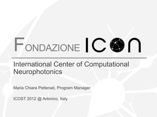 FONDAZIONE
International Center of Computational
Neurophotonics

Maria Chiara Pettenati, Program Manager

ICOST 2012 @ Artimino, Italy
 
