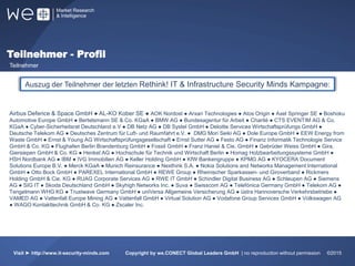 51%
Weltweit
31%
Europa
17%
10%
31%
55%
Auszug der Teilnehmer der letzten Rethink! IT & Infrastructure Security Minds Kampagne:
Airbus Defence & Space GmbH ● AL-KO Kober SE ● AOK Nordost ● Arxan Technologies ● Atos Origin ● Axel Springer SE ● Boshoku
Automotive Europe GmbH ● Bertelsmann SE & Co. KGaA ● BMW AG ● Bundesagentur für Arbeit ● Charité ● CTS EVENTIM AG & Co.
KGaA ● Cyber-Sicherheitsrat Deutschland e.V ● DB Netz AG ● DB Systel GmbH ● Deloitte Services Wirtschaftsprüfungs GmbH ●
Deutsche Telekom AG ● Deutsches Zentrum für Luft- und Raumfahrt e.V. ● DMG Mori Seiki AG ● Dole Europe GmbH ● EEW Energy from
Waste GmbH ● Ernst & Young AG Wirtschaftsprüfungsgesellschaft ● Ernst Sutter AG ● Festo AG ● Finanz Informatik Technologie Service
GmbH & Co. KG ● Flughafen Berlin Brandenburg GmbH ● Fossil GmbH ● Franz Haniel & Cie. GmbH ● Gebrüder Weiss GmbH ● Gira,
Giersiepen GmbH & Co. KG ● Henkel AG ● Hochschule für Technik und Wirtschaft Berlin ● Homag Holzbearbeitungssysteme GmbH ●
HSH Nordbank AG ● IBM ● IVG Immobilien AG ● Keller Holding GmbH ● KfW Bankengruppe ● KPMG AG ● KYOCERA Document
Solutions Europe B.V. ● Merck KGaA ● Munich Reinsurance ● Nexthink S.A. ● Nokia Solutions and Networks Management International
GmbH ● Otto Bock GmbH ● PAREXEL International GmbH ● REWE Group ● Rheinischer Sparkassen- und Giroverband ● Rickmers
Holding GmbH & Cie. KG ● RUAG Corporate Services AG ● RWE IT GmbH ● Schindler Digital Business AG ● Schleupen AG ● Siemens
AG ● SIG IT ● Skoda Deutschland GmbH ● Skyhigh Networks Inc. ● Suva ● Swisscom AG ● Telefónica Germany GmbH ● Telekom AG ●
Tengelmann WHG KG ● Trustwave Germany GmbH ● uniVersa Allgemeine Versicherung AG ● üstra Hannoversche Verkehrsbetriebe ●
VAMED AG ● Vattenfall Europe Mining AG ● Vattenfall GmbH ● Virtual Solution AG ● Vodafone Group Services GmbH ● Volkswagen AG
● WAGO Kontakttechnik GmbH & Co. KG ● Zscaler Inc.
Teilnehmer - Profil
Teilnehmer
Visit ► http://www.it-security-minds.com Copyright by we.CONECT Global Leaders GmbH | no reproduction without permission ©2015
 