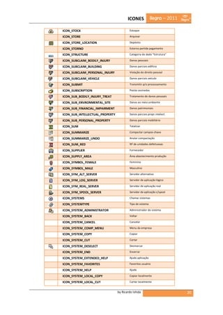 ICONES              ilegra – 2011

ICON_STOCK                               Estoque

ICON_STORE                               Arquivar

ICON_STORE_LOCATION                      Depósito

ICON_STORNO                              Estorno partida pagamento

ICON_STRUCTURE                           Categoria de dado "Estrutura"

ICON_SUBCLAIM_BODILY_INJURY              Danos pessoais

ICON_SUBCLAIM_BUILDING                   Danos parciais edifício

ICON_SUBCLAIM_PERSONAL_INJURY            Violação do direito pessoal

ICON_SUBCLAIM_VEHICLE                    Danos parciais veículo

ICON_SUBMIT                              Transmitir p/o processamento

ICON_SUBSCRIPTION                        Pastas assinadas

ICON_SUB_BODILY_INJURY_TREAT             Tratamento de danos pessoais

ICON_SUB_ENVRONMENTAL_SITE               Danos ao meio ambiente

ICON_SUB_FINANCIAL_IMPAIRMENT            Danos patrimoniais

ICON_SUB_INTELLECTUAL_PROPERTY           Danos parciais propr.intelect.

ICON_SUB_PERSONAL_PROPERTY               Danos parciais mobiliário

ICON_SUM                                 Totalizar

ICON_SUMMARIZE                           Compactar campos-chave

ICON_SUMMARIZE_UNDO                      Anular compactação

ICON_SUM_RED                             Nº de unidades defeituosas

ICON_SUPPLIER                            Fornecedor

ICON_SUPPLY_AREA                         Área abastecimento produção

ICON_SYMBOL_FEMALE                       Feminino

ICON_SYMBOL_MALE                         Masculino

ICON_SYM_ALT_SERVER                      Servidor alternativo

ICON_SYM_LOG_SERVER                      Servidor de aplicação lógico

ICON_SYM_REAL_SERVER                     Servidor de aplicação real

ICON_SYM_SPOOL_SERVER                    Servidor de aplicação c/spool

ICON_SYSTEMS                             Chamar sistemas

ICON_SYSTEMTYPE                          Tipo de sistema

ICON_SYSTEM_ADMINISTRATOR                Administrador do sistema

ICON_SYSTEM_BACK                         Voltar

ICON_SYSTEM_CANCEL                       Cancelar

ICON_SYSTEM_COMP_MENU                    Menu da empresa

ICON_SYSTEM_COPY                         Copiar

ICON_SYSTEM_CUT                          Cortar

ICON_SYSTEM_DESELECT                     Desmarcar

ICON_SYSTEM_END                          Encerrar

ICON_SYSTEM_EXTENDED_HELP                Ajuda aplicação

ICON_SYSTEM_FAVORITES                    Favoritos usuário

ICON_SYSTEM_HELP                         Ajuda

ICON_SYSTEM_LOCAL_COPY                   Copiar localmente

ICON_SYSTEM_LOCAL_CUT                    Cortar localmente


                                 by Ricardo Ishida                          20
 