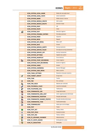 ICONES              ilegra – 2011

ICON_SYSTEM_LOCAL_MARK                   Modo de marcação local

ICON_SYSTEM_LOCAL_PASTE                  Colar localmente

ICON_SYSTEM_MARK                         Modo marcar; marcar

ICON_SYSTEM_MODUS_CREATE                 Abrir janela

ICON_SYSTEM_MODUS_DELETE                 Eliminar modo

ICON_SYSTEM_OKAY                         OK

ICON_SYSTEM_PASTE                        Colar

ICON_SYSTEM_PLAY                         Executar registro

ICON_SYSTEM_POSSIBLE_ENTRIES             Entradas possíveis

ICON_SYSTEM_PRINT                        Imprimir

ICON_SYSTEM_REDO                         Repetir

ICON_SYSTEM_SAP_MENU                     Menu SAP

ICON_SYSTEM_SAVE                         Gravar

ICON_SYSTEM_SERVICE_EMPTY                Serviço existente

ICON_SYSTEM_SERVICE_FILLED               Entradas de serviço existentes

ICON_SYSTEM_SERVICE_OFF                  Serviço inexistente

ICON_SYSTEM_SETTINGS                     Opções do usuário

ICON_SYSTEM_SHORTCUT                     Criar shortcut

ICON_SYSTEM_START_RECORDING              Iniciar registro

ICON_SYSTEM_STOP_RECORDING               Encerrar registro

ICON_SYSTEM_UNDO                         Anular

ICON_SYSTEM_USERMENU                     Session Manager

ICON_SYSTEM_USER_MENU                    Menu usuário

ICON_TABLE_SETTINGS                      Relatório-chamada relatório

ICON_TARGET_GROUP                        Grupo alvo

ICON_TASK                                Tarefa

ICON_TBH                                 Por contratar

ICON_TBH_HOLD                            Manter por contratar

ICON_TECHNICAL_PLACE                     Local de instalação

ICON_TELEPHONE_CALL                      Telefonema

ICON_TERMINATED_JOB                      Cargo delimitado

ICON_TERMINATED_ORG_UNIT                 Unid. organizacional delimitada

ICON_TERMINATED_POSITION                 Posição delimitada

ICON_TERMINATED_SHARED_POSITIO           Posição dividida delimitada

ICON_TERMINATED_TASK                     Tarefa delimitada

ICON_TERMINOLOGY                         Saltar para terminologia

ICON_TEST                                Testar

ICON_TEXT_ACT                            Textos, ativos

ICON_TEXT_FIELD                          Campo de texto

ICON_TEXT_INA                            Textos, inativos

ICON_TE_ADVANCE_PAYMENT                  Adiantamento

ICON_TE_COSTS_ASSIGN                     Atribuição de custos

ICON_TE_DEDUCTION                        Deduções


                                 by Ricardo Ishida                          21
 