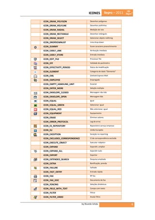 ICONES               ilegra – 2011

ICON_DRAW_POLYGON                      Desenhar polígonos

ICON_DRAW_POLYLINE                     Desenhar polilinhas

ICON_DRAW_RADIAL                       Medição de raio

ICON_DRAW_RECTANGLE                    Desenhar retângulo

ICON_DRAW_SELECT                       Selecionar objeto redlining

ICON_DROPDOWNLIST                      Lista drop-down

ICON_DUMMY                             Ícone caractere preenchimento

ICON_EARLY_LINK                        Atribuição imediata

ICON_EARLY_STORE                       Entrada imediata

ICON_EDIT_FILE                         Processar file

ICON_EFF                               Validade do parâmetro

ICON_EFFECTIVITY_PERIOD                Status de modificação

ICON_ELEMENT                           Categoria de dado "Elemento"

ICON_EML                               Outlook Express Mail

ICON_EMPLOYEE                          Empregado

ICON_EMPTY_HANDLING_UNIT               Esvaziar

ICON_ENTER_MORE                        Seleção múltipla

ICON_ENVELOPE_CLOSED                   Mensagem não lida

ICON_ENVELOPE_OPEN                     Mensagem lida

ICON_EQUAL                             Igual

ICON_EQUAL_GREEN                       Selecionar: igual

ICON_EQUAL_RED                         Não selecionar: igual

ICON_EQUIPMENT                         Equipamento

ICON_ERASE                             Eliminar valores

ICON_ERROR_PROTOCOL                    Log de erros

ICON_ES_REPOSITORY                     Repositório serviço empresa

ICON_EU                                União Européia

ICON_EXCEPTION                         Exceção no reporting

ICON_EXCLUDED_CORRESPONDENCE           Cl.de correspondência excluída

ICON_EXECUTE_OBJECT                    Executar <objeto>

ICON_EXPAND                            Expandir; ampliar

ICON_EXPAND_ALL                        Expandir tudo

ICON_EXPORT                            Exportar

ICON_EXTENDED_SEARCH                   Pesquisa ampliada

ICON_EXTRA                             Bonificação, prenda

ICON_FAILURE                           Falhado

ICON_FAST_ENTRY                        Entrada rápida

ICON_FAX                               Nº fax

ICON_FAX_DOC                           Documento de fax

ICON_FENCING                           Seleções dinâmicas

ICON_FIELD_WITH_TEXT                   Campo com texto

ICON_FILTER                            Filtrar

ICON_FILTER_UNDO                       Anular filtro


                               by Ricardo Ishida                           8
 