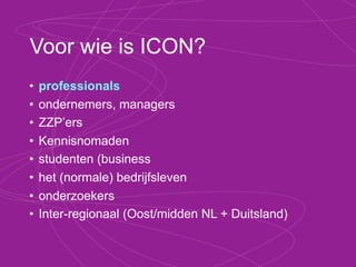 Menu
ma 12, Martha Riemsma
       Nieuwe media Cross media; Hype of toekomst.
di 13, Freek de Jong
       Duurzaamheid Green Creativity. Méér met minder.
di 13, Tom Evers
       Design             User Centered Design. Waz dah?
wo 14, Peter Oosterwijk
       Marketing          Guerrilla marketing. Go, go, go!
do 15, Casper Peeters
       Technologie        Bewegings detectie in uw branche.
do 15, Marcel Disberg
       Internet           Gevonden worden op internet.
vr 16, Theo Groen
       Innovatie          Systematisch brainstormen.
 