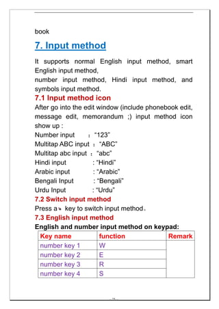 book

7. Input method
It supports normal English input method, smart
English input method,
number input method, Hindi input method, and
symbols input method.
7.1 Input method icon
After go into the edit window (include phonebook edit,
message edit, memorandum ;) input method icon
show up :
Number input       ：“123”
Multitap ABC input ：“ABC”
Multitap abc input ：“abc”
Hindi input          : “Hindi”
Arabic input         : “Arabic”
Bengali Input         : “Bengali”
Urdu Input           : “Urdu”
7.2 Switch input method
Press a key to switch input method。
7.3 English input method
English and number input method on keypad:
  Key name               function            Remark
  number key 1           W
  number key 2           E
  number key 3           R
  number key 4           S


                         -- 25 --
 