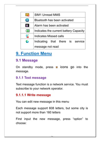 SIM1 Unread MMS
             Bluetooth has been activated
             Alarm has been activated
             Indicates the current battery Capacity
             Indicates Missed calls
             Indicating    that      there   is   service
             message not read

9. Function Menu
9.1 Message
On standby mode, press               icons go into the
message.

9.1.1 Text message
Text message function is a network service. You must
subscribe to your network operator.

9.1.1.1 Write message
You can edit new message in this menu

Each message support 608 letters, but some city is
not support more than 160 letters

First input the new message, press “option” to
choose:



                          -- 28 --
 