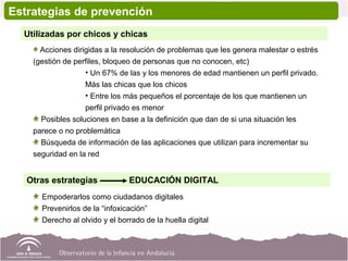Acciones dirigidas a la resolución de problemas que les genera malestar o estrés
(gestión de perfiles, bloqueo de personas que no conocen, etc)
• Un 67% de las y los menores de edad mantienen un perfil privado.
Más las chicas que los chicos
• Entre los más pequeños el porcentaje de los que mantienen un
perfil privado es menor
Posibles soluciones en base a la definición que dan de si una situación les
parece o no problemática
Búsqueda de información de las aplicaciones que utilizan para incrementar su
seguridad en la red
Empoderarlos como ciudadanos digitales
Prevenirlos de la “infoxicación”
Derecho al olvido y el borrado de la huella digital
Estrategias de prevención
Utilizadas por chicos y chicas
Otras estrategias EDUCACIÓN DIGITAL
 