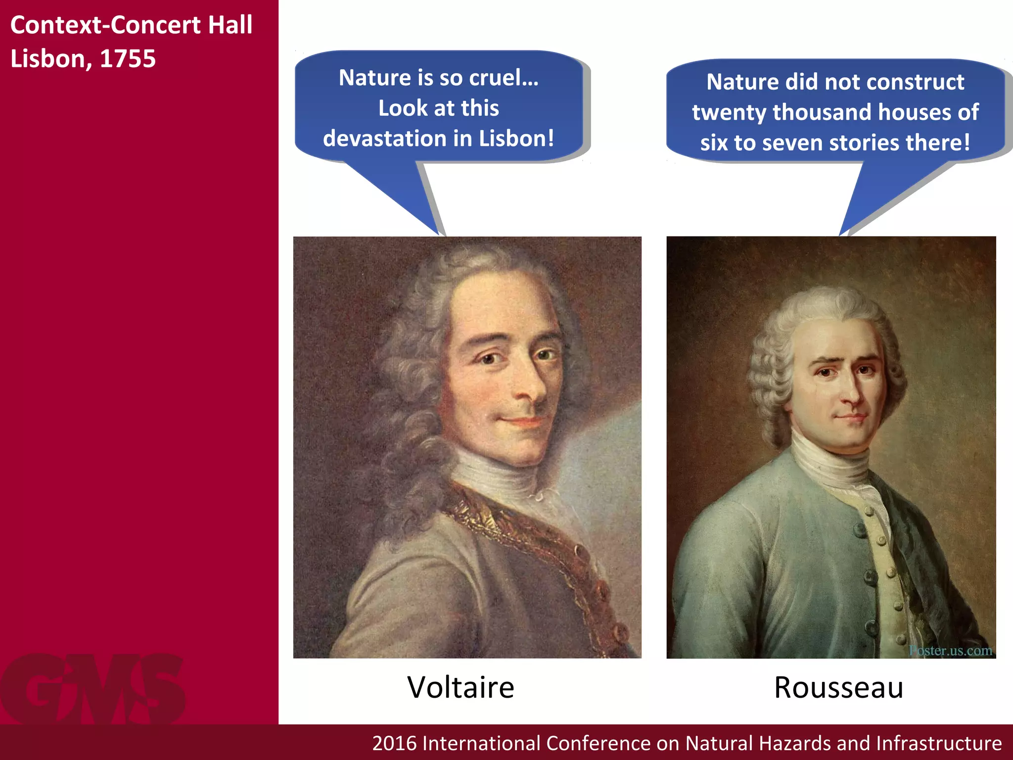 2016 International Conference on Natural Hazards and Infrastructure
Context-Concert Hall
Lisbon, 1755
Voltaire Rousseau
Nature is so cruel…
Look at this
devastation in Lisbon!
Nature is so cruel…
Look at this
devastation in Lisbon!
Nature did not construct
twenty thousand houses of
six to seven stories there!
Nature did not construct
twenty thousand houses of
six to seven stories there!
 