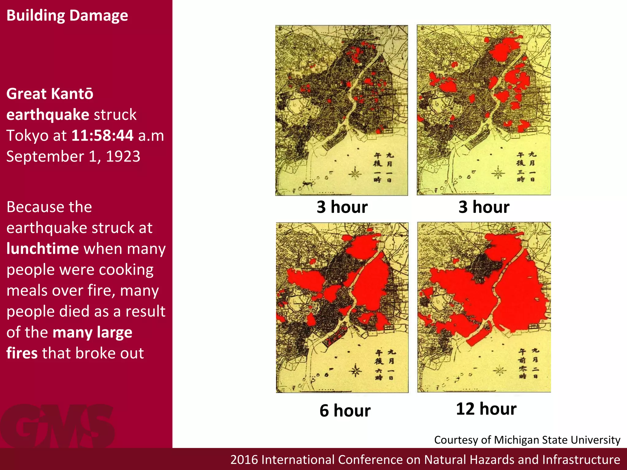 2016 International Conference on Natural Hazards and Infrastructure
Great Kantō
earthquake struck
Tokyo at 11:58:44 a.m
September 1, 1923
Because the
earthquake struck at
lunchtime when many
people were cooking
meals over fire, many
people died as a result
of the many large
fires that broke out
3 hour
6 hour 12 hour
Building Damage
3 hour
Courtesy of Michigan State University
 