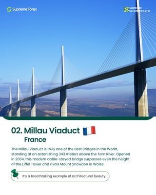 The Millau Viaduct is truly one of the Best Bridges in the World,
standing at an astonishing 343 meters above the Tarn River. Opened
in 2004, this modern cable-stayed bridge surpasses even the height
of the Eiffel Tower and rivals Mount Snowdon in Wales.
02. Millau Viaduct
France
It’s a breathtaking example of architectural beauty.
 