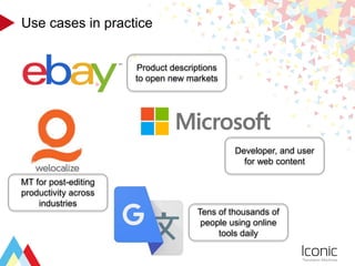 Use cases in practice
Product descriptions
to open new markets
MT for post-editing
productivity across
industries
Develope...