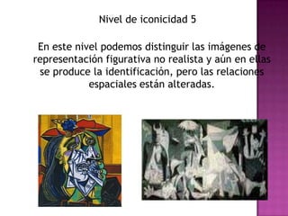 Nivel de iconicidad 5En este nivel podemos distinguir las imágenes de representación figurativa no realista y aún en ellas se produce la identificación, pero las relaciones espaciales están alteradas. 