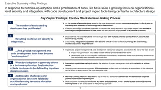 6
Executive Summary – Key Findings
In response to bottoms-up adoption and a proliferation of tools, we have seen a growing focus on organizational-
level security and integration, with code development and project mgmt. tools being central to architecture design
Key Project Findings: The Dev Stack Decision Making Process
The number of tools used by
developers has proliferated...
...And, project management and
code development tools have become
“anchor-points”
Resulting in a focus on security &
integration...
While tool adoption is generally driven
in a bottoms-up fashion, final selection
criteria continues to be defined by top-down
decision makers
Additionally, challenges and
organizational decisions related to
machine learning resource allocation
are top-of-mind
1
3
2
4
5
▪ As the number of available tools related to the code development process continues to explode, the focal point in
the design and assembly of technology stacks has evolved
▪ Emerging technology companies (potentially by nature of the agility required in high-growth stages) have evolved to
encourage the experimentation of new tools, with early adoption largely driven by a bottoms-up motion
▪ In particular, project management & code development are key tool categories around which the rest of the stack is built
▪ Project management tools are a critical conduit between product and business teams
▪ Development tools or IDEs (Integrated Development Environments), are intuitively central to any technology architecture as
they are typically where developers spend most time
▪ Because there are now many tools in the average stack with multiple potential points of failure, security has
become a top priority
▪ Concurrently, integration capabilities have become critical in order to effectively manage the overarching
architecture across disparate tools
▪ Integration capabilities are top-of-mind in the selection of project management tools while reliability is a close
second
▪ Although price is sometimes important, ROI time horizon is often more so, indicating an appreciation for the value that
can be driven by even some of the more expensive tools
▪ Machine Learning resource allocation is top-of-mind in a world where demand for this skillset has outpaced
growth in the necessary talent pool
▪ Most companies currently have in-house ML teams and capabilities, while a smaller subset outsource machine
learning needs on an ad-hoc basis as their primary approach
 