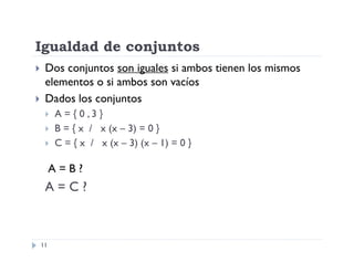 Igualdad de conjuntos



Dos conjuntos son iguales si ambos tienen los mismos
elementos o si ambos son vacíos
Dados los conjuntos




A = { 0 ,3 }
B = { x / x (x – 3) = 0 }
C = { x / x (x – 3) (x – 1) = 0 }

A=B?

A=C?

11

 