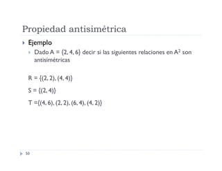Propiedad antisimétrica


Ejemplo


Dado A = {2, 4, 6} decir si las siguientes relaciones en A2 son
antisimétricas

R = {(2, 2), (4, 4)}
S = {(2, 4)}
T ={(4, 6), (2, 2), (6, 4), (4, 2)}

50

 