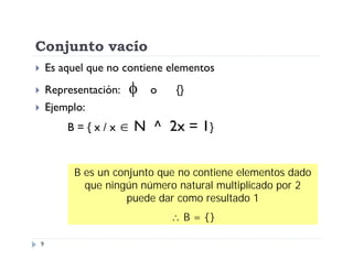 Conjunto vacío


Es aquel que no contiene elementos



Representación:



Ejemplo:



B={x/x

o

{}

N ^ 2x = 1}

B es un conjunto que no contiene elementos dado
que ningún número natural multiplicado por 2
puede dar como resultado 1
 B = {}
9

 
