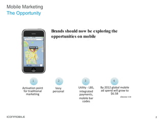 Mobile Marketing The Opportunity Brands should now be exploring the opportunities on mobile Utility - LBS, integrated payments, mobile bar codes Activation point for traditional marketing By 2012 global mobile ad spend will grow to $6.5B  eMarketer 4-08 Very personal 1 2 3 4 