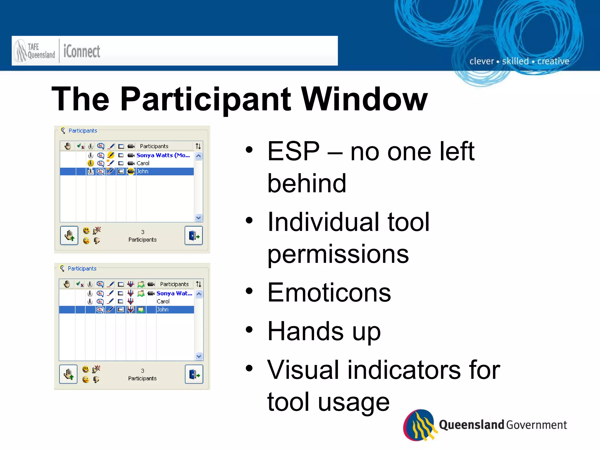 The Participant Window ESP – no one left behind  Individual tool permissions Emoticons Hands up Visual indicators for tool usage 