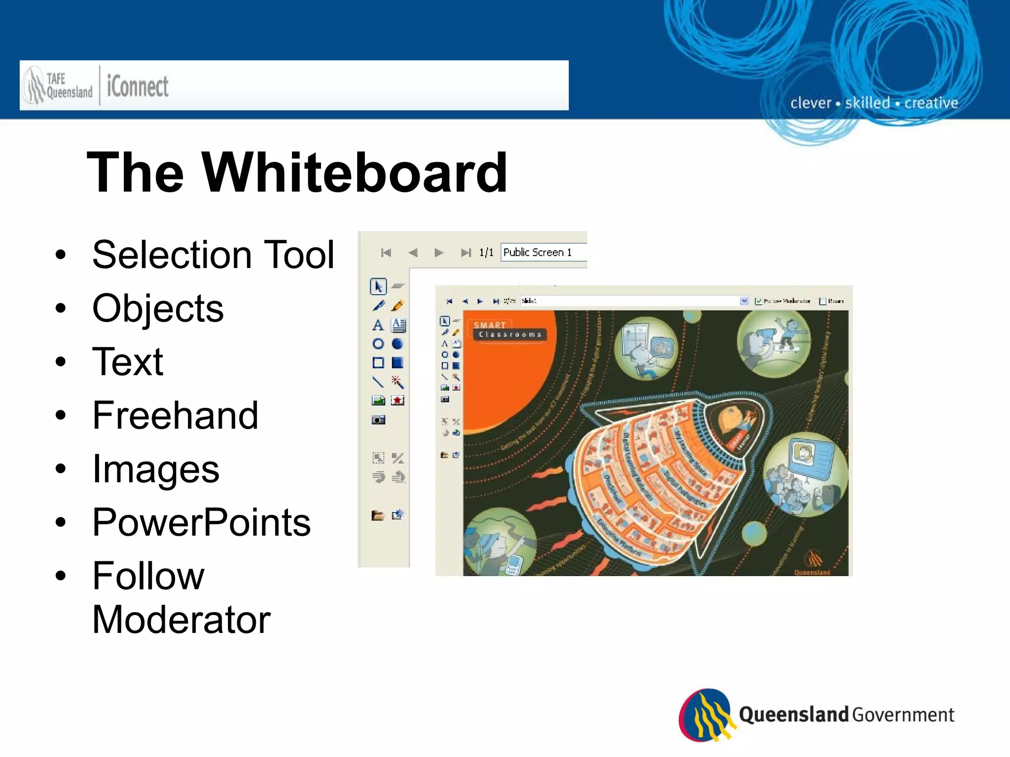 The Whiteboard Selection Tool Objects Text Freehand Images PowerPoints Follow Moderator 
