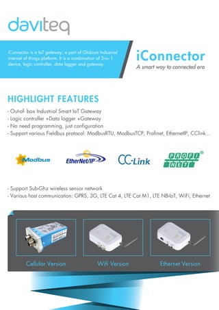 HIGHLIGHT FEATURES
iConnector is a IoT gateway, a part of Globiots Industrial
internet of things platform. It is a combination of 3-in- 1
device, logic controller, data logger and gateway.
- Out-of- box Industrial Smart IoT Gateway
- Logic controller +Data logger +Gateway
- No need programming, just configuration
- Support various Fieldbus protocol: ModbusRTU, ModbusTCP, Profinet, EthernetIP, CClink...
- Support Sub-Ghz wireless sensor network
- Various host communication: GPRS, 3G, LTE Cat 4, LTE Cat M1, LTE NB-IoT, WiFi, Ethernet
Cellular Version Wifi Version Ethernet Version
A smart way to connected era
iConnector
 