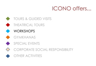 ICONO offers...
TOURS & GUIDED VISITS
THEATRICAL TOURS
WORKSHOPS
GYMKHANAS
SPECIAL EVENTS
CORPORATE SOCIAL RESPONSIBILITY
OTHER ACTIVITIES
 