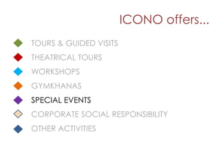 ICONO offers...
TOURS & GUIDED VISITS
THEATRICAL TOURS
WORKSHOPS
GYMKHANAS
SPECIAL EVENTS
CORPORATE SOCIAL RESPONSIBILITY
OTHER ACTIVITIES
 